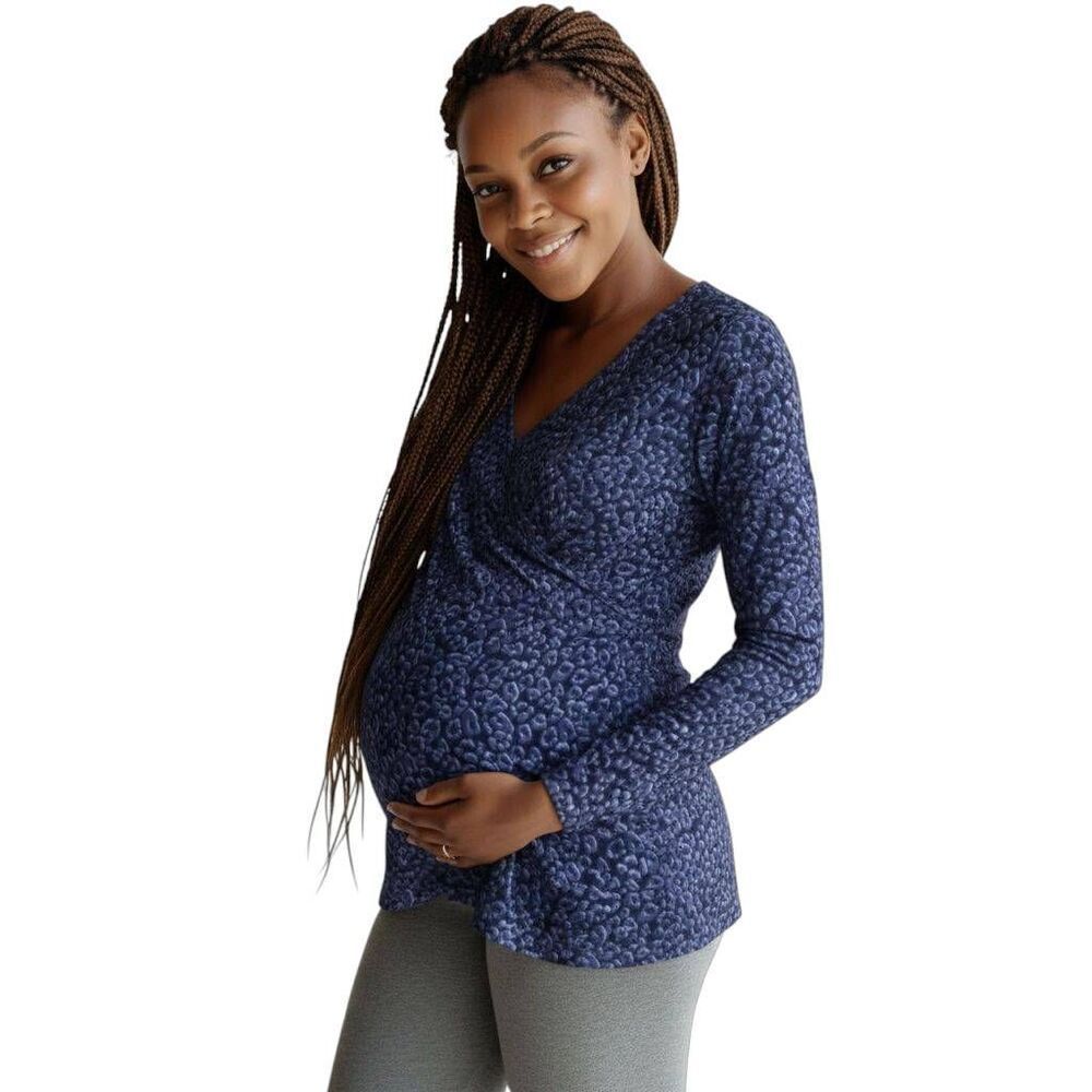 NOPPIES MATERNITY NURSING BLUE LEOPARD PRINT WRAP TUNIC TOP SZ.XL NWT.